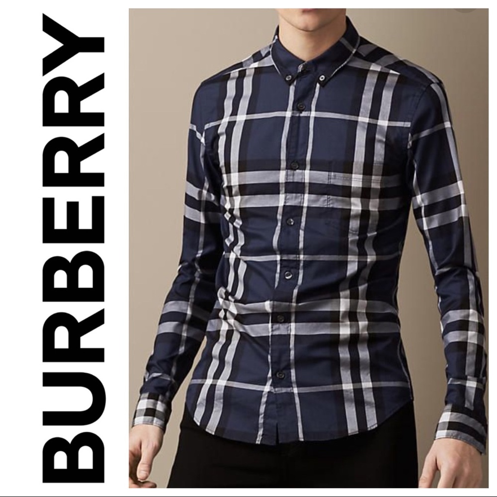 Burberry Brit Navy Plaid Check Men’s Shirt Size M Classic Button Down Authentic